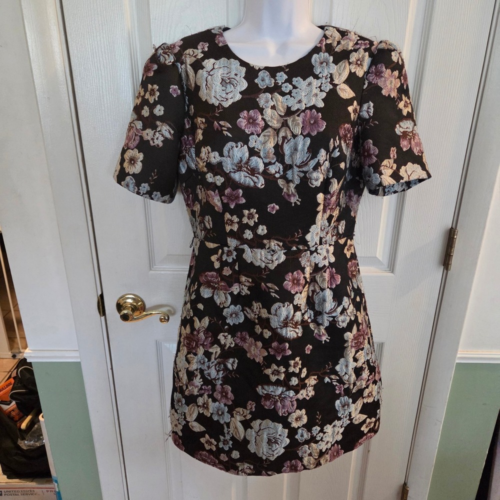 Gal Meets Glam Collection Floral Brocade Mini Dress Black Blue Purple 8P Party